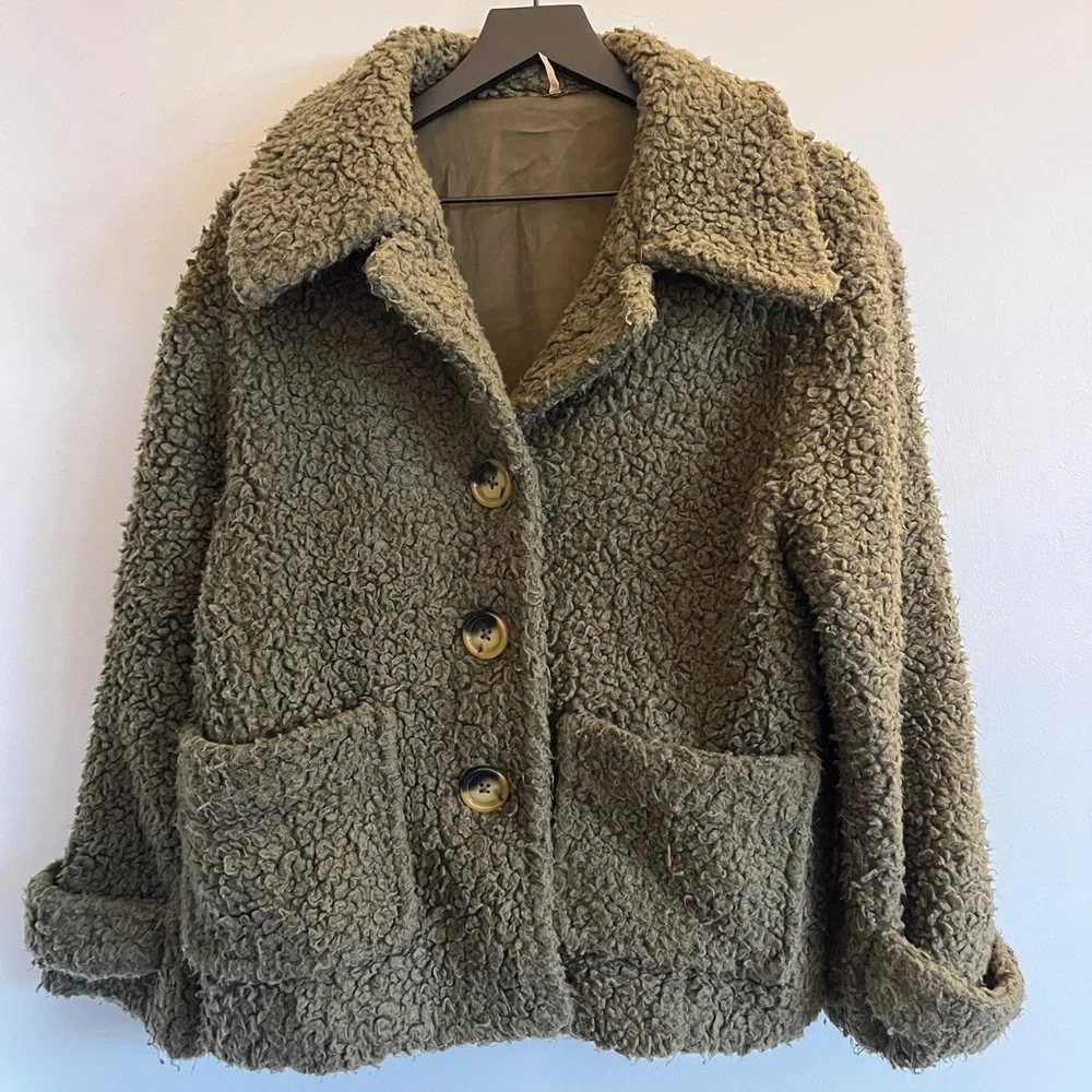 Free People Olive Green Sherpa Jacket - Picture 2 of 6